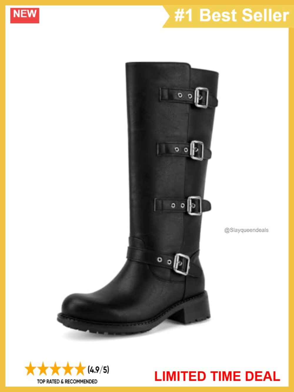 Faux Leather Knee High Moto Biker Boots Multi Buckle Riding Tall Boots